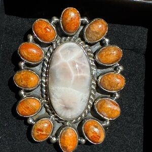 Southwestern Sterling Silver Orange spiny pink larimar adjustable gemstone Ring